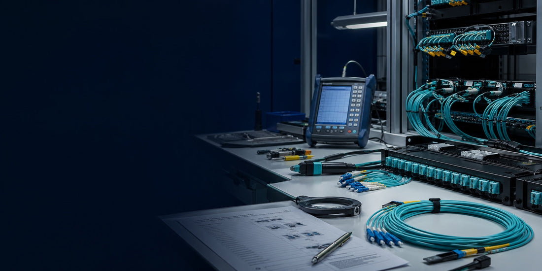 Custom MTP/MPO cable assembly RFQ review with rack cabling and test equipment context