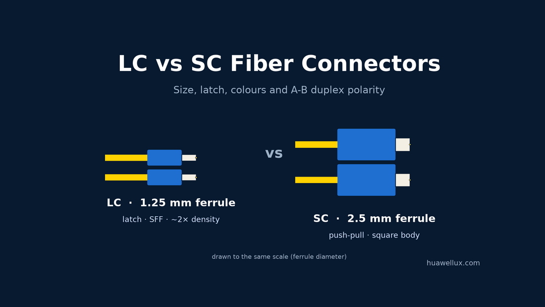 An LC duplex connector with a 1.25 mm ferrule next to a larger SC duplex connector with a 2.5 mm ferrule, with an A-B polarity cord between them