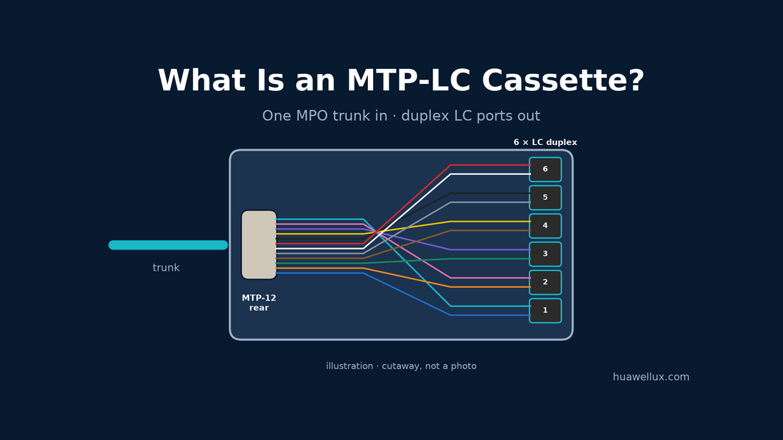 Cutaway illustration of an MTP-LC cassette: one MTP-12 adapter at the rear fanning out to six LC duplex ports at the front