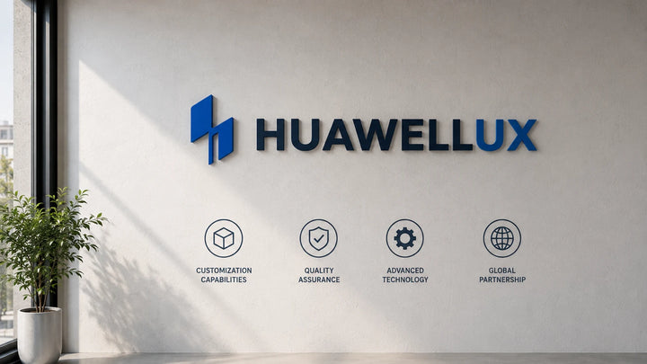 Huawellux OEM ODM proof wall with customization quality technology and global partnership icons