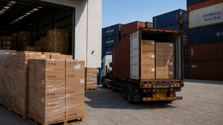Huawellux shipment support with packed cartons loaded into a container truck
