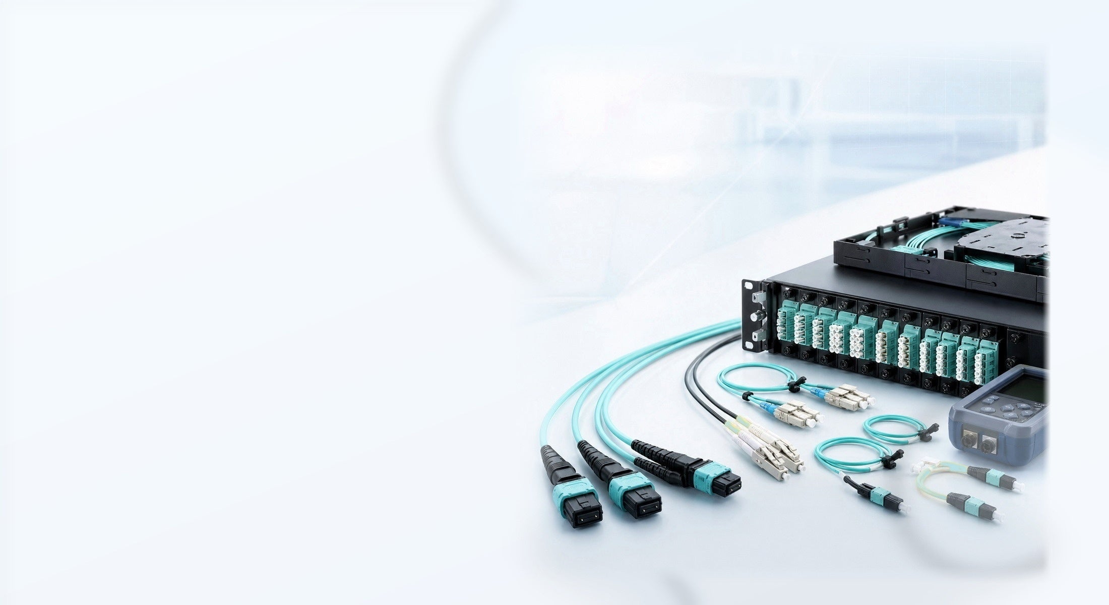 Main range: MTP/MPO trunk, patch, and harness cable assemblies. Supporting range: LC/SC patch cords and fiber distribution products.